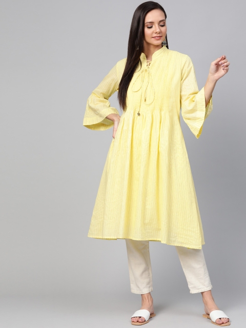 

Sangria Women's Yellow & Golden Pure Cotton Pleated Striped A-Line Kurta