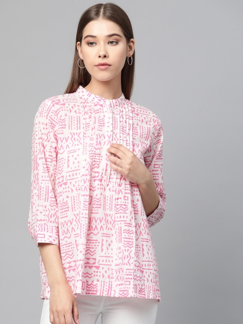 

Sangria Women White & Pink Tribal Printed Pure Cotton Top