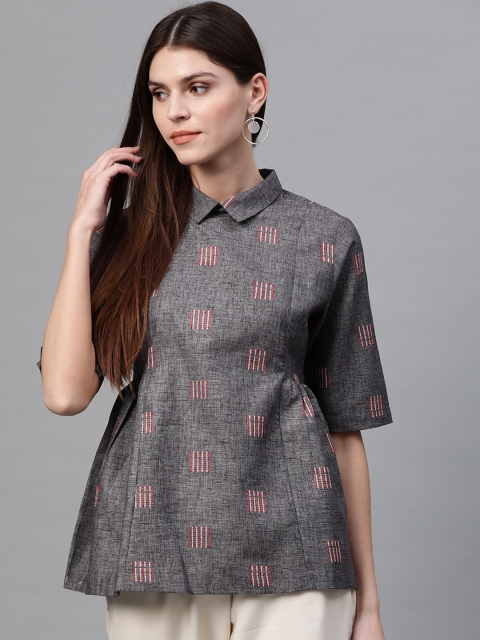 

Sangria Women Charcoal Grey & Maroon Embroidered A-Line Pure Cotton Top