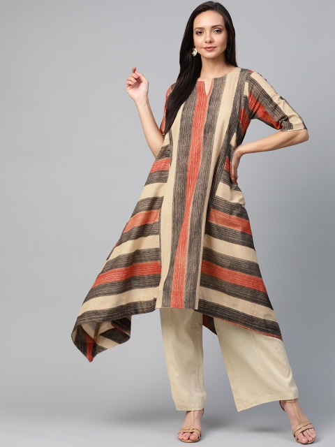 

Sangria Women Beige & Rust Orange Striped Bagru Longline Asymmetric Sustainable Tunic