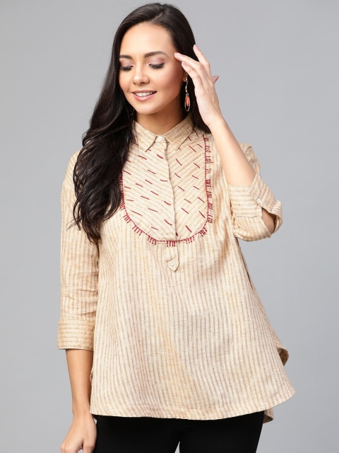 

Sangria Women Beige Self Design Shirt Style Pure Cotton Top