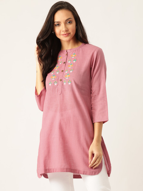 

Sangria Women Pink Solid Pure Cotton Top With Embroidered Detail