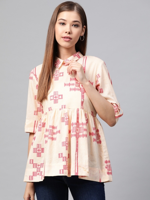 

Sangria Women Yellow & Pink Mirror Work Tribal Printed A-Line Pure Cotton Top