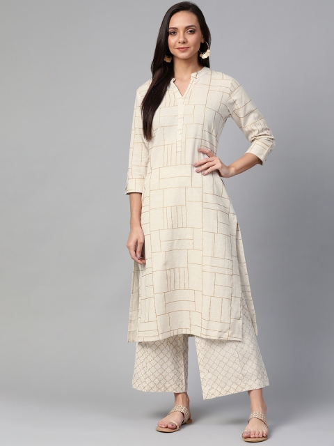 

Sangria Women Off-White & Golden Checked Kurta with Palazzos