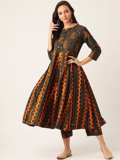 

Sangria Women Olive Green & Orange Bagru Printed Sustainable Kurta with Trousers