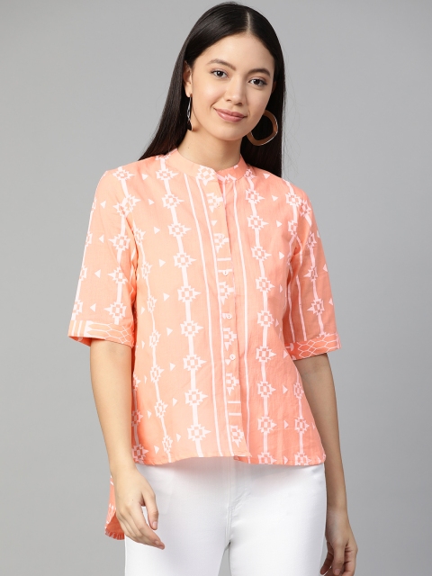

Sangria Women Peach-Coloured Geometric Printed Shirt Style High-Low Pure Cotton Top