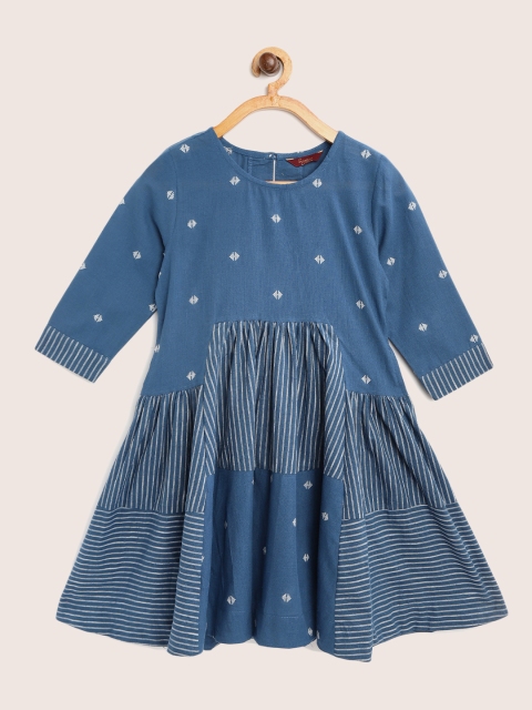 

Sangria Girls Navy Blue Self Design A-Line Dress With Striped Detail