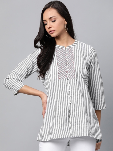 

Sangria Women Grey & White Striped Pure Cotton Top