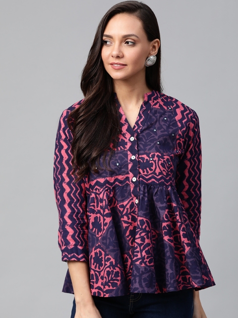 

Sangria Women Navy Blue & Pink Printed Empire Pure Cotton Top