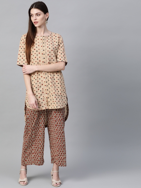 

Sangria Women Beige & Rust Brown Hand Block Kalamkari Printed Kurta with Trousers