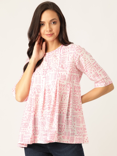 

Sangria Women White & Pink Printed A-Line Top