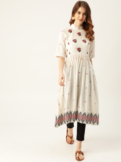 

Sangria Women Off-White & Red Printed & Floral Embroidered Anarkali Kurta