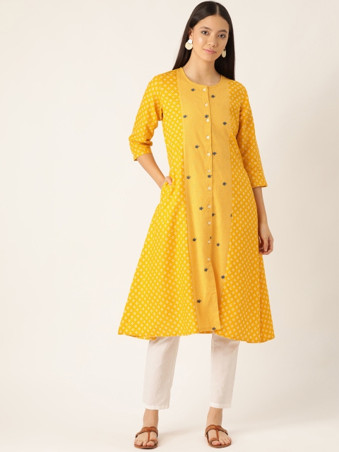 

Sangria Women Mustard Yellow & White Printed A-Line Kurta