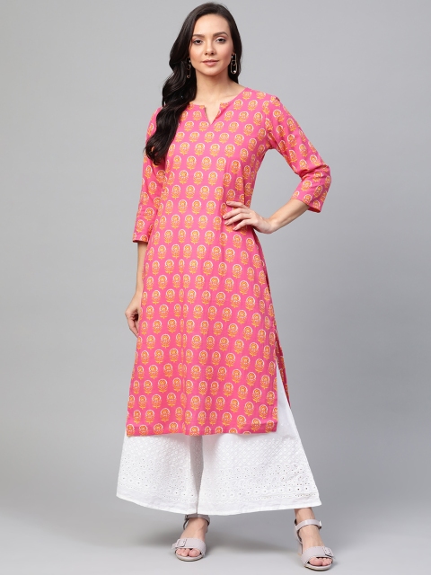 

Sangria Women Coral Pink & Yellow Ethnic Motifs Print Straight Kurta
