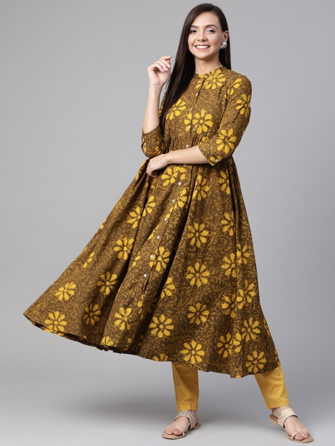 

Sangria Women Olive Brown & Mustard Yellow Block Print Anarkali Kurta