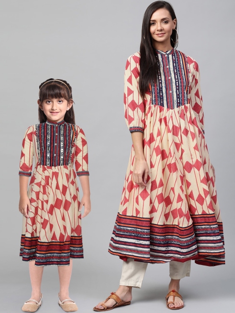 

Sangria Women Cream-Coloured & Red Mirror Work Printed Asymmetric Anarkali Kurta