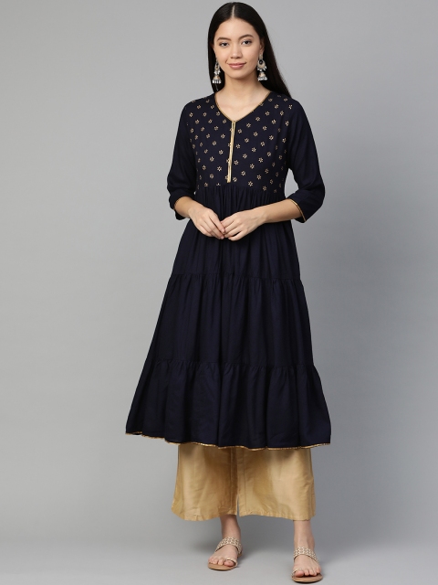 

Sangria Women Navy Blue & Golden Indie Printed Yoke Design Tiered A-Line Kurta