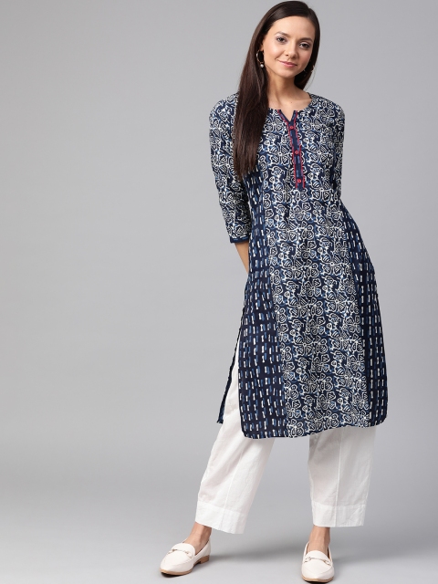 

Sangria Women Navy Blue & White Printed Straight Kurta