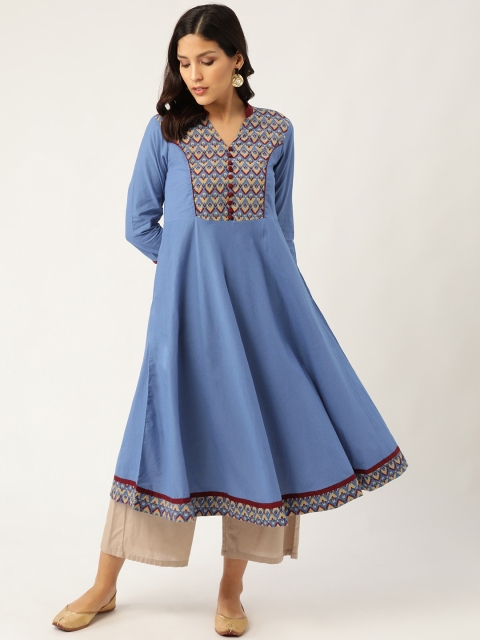

Sangria Women Blue & Brown Geometric Printed Yoke Design A-Line Kurta