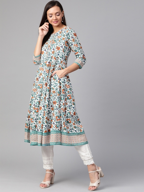 

Sangria Women Off-White & Teal Green Printed Anarkali Kurta