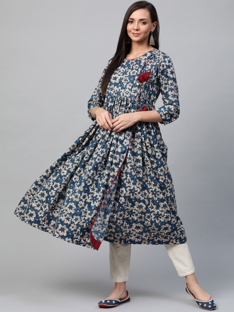 

Sangria Women Navy Blue & Beige Printed Angrakha Kurta
