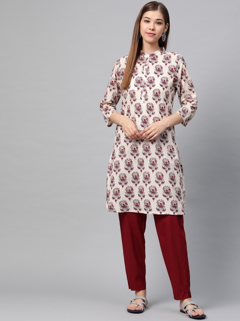 

Sangria Women Off-White & Maroon Printed Straight Kurta