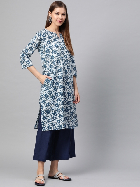 

Sangria Women White & Blue Floral Print Straight Kurta