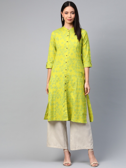 

Sangria Women Lime Green & Blue Printed A-Line Kurta