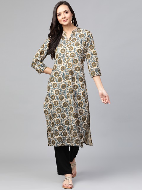 

Sangria Women Beige & Olive Green Indie Block Printed Straight Kurta