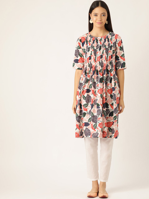 

Sangria Women Coral Red & Navy Blue Leaves Printed Tunic