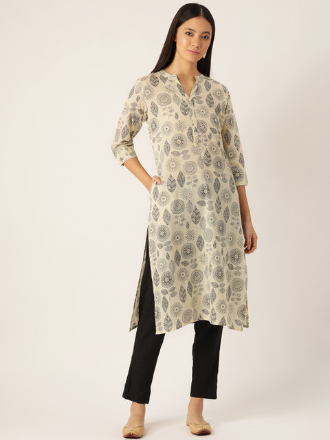 

Sangria Women Cream-Coloured & Grey Printed Straight Kurta