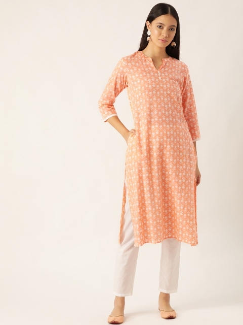 

Sangria Women Peach-Coloured & White Printed Straight Kurta