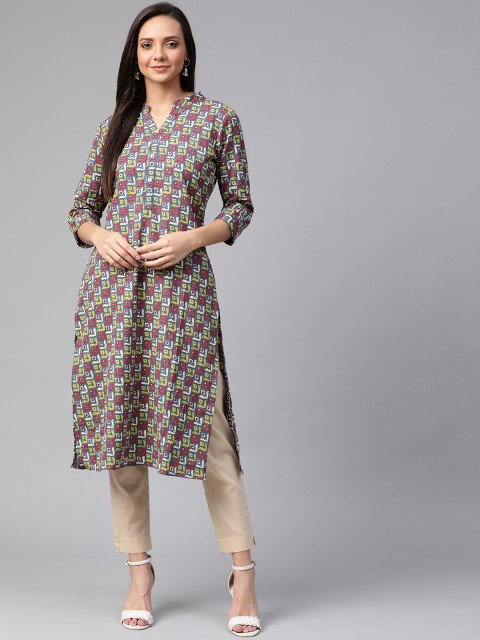 

Sangria Women Teal blue & Maroon Geometric Printed Straight Kurta