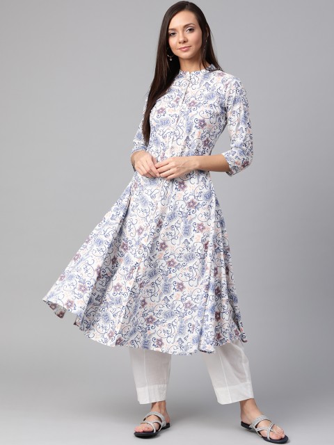 

Sangria Women White & Blue Floral Print Anarkali Kurta