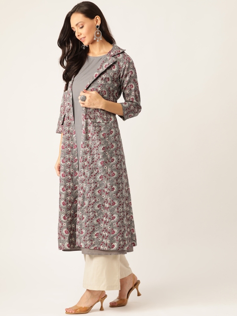 

Sangria Women Grey & Pink Printed Layered A-Line Kurta