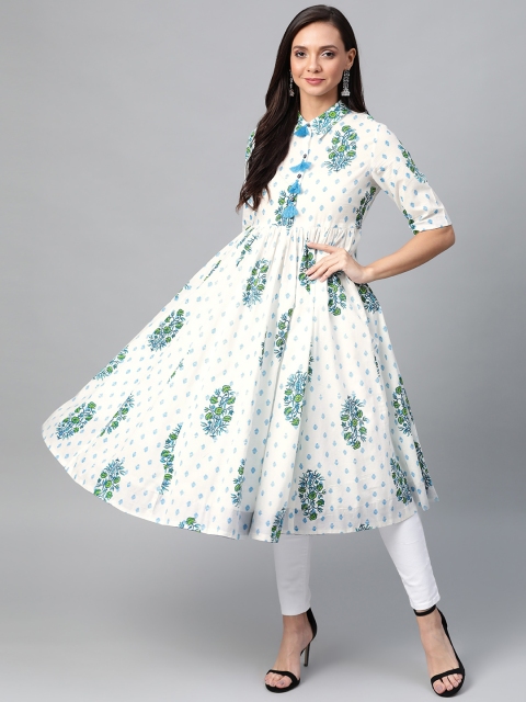 

Sangria Women White & Blue Printed A-Line Kurta