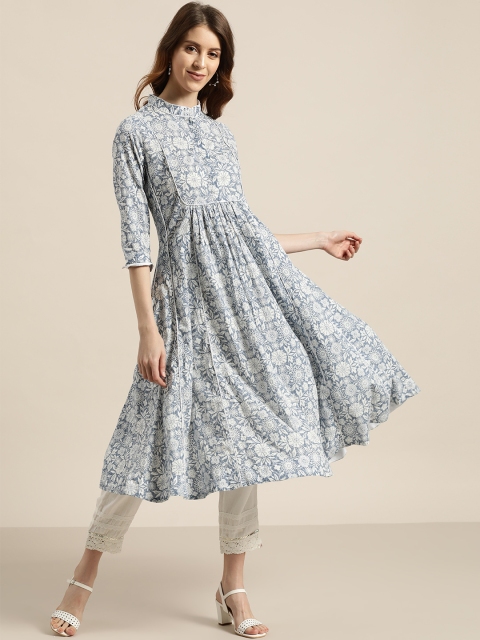 

Sangria Women Grey & White Floral Print Anarkali Kurta