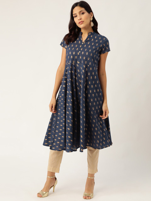 

Sangria Women Navy Blue & Golden Printed A-Line Kurta
