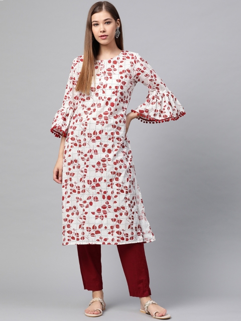 

Sangria Women White & Rust Brown Floral Printed Straight Kurta
