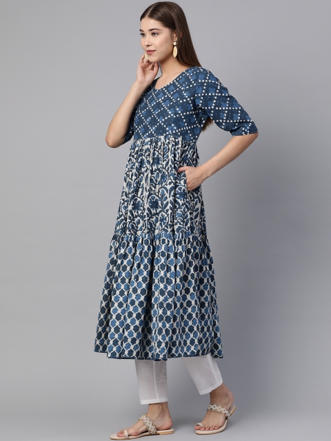 

Sangria Women Off-White Indigo Dyed Tiered Bagru Print A-Line Sustainable Kurta, Navy blue