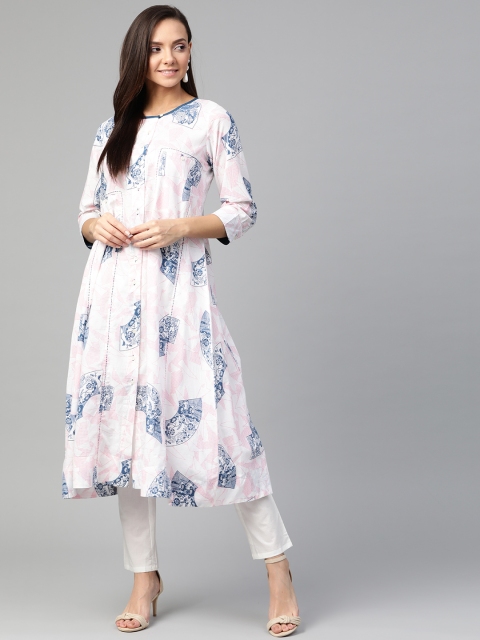 

Sangria Women White & Navy Blue Printed A-Line Kurta