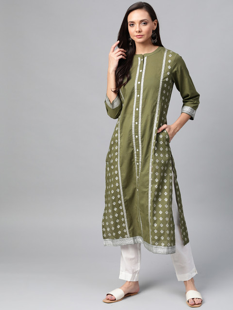 

Sangria Women Olive Green & Silver Printed Straight Kurta