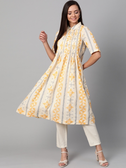 

Sangria Women Cream-Coloured & Mustard Yellow Jamdani Printed Pintuck A-Line Kurta