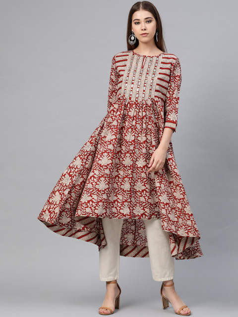 

Sangria Women Maroon & Beige Mirror Work Embroidery Ethnic Print High-Low Anarkali Kurta