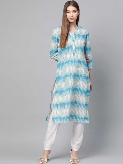 

Sangria Women Blue & Off-White Ikat Printed Straight Kurta