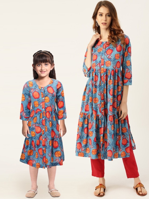 

Sangria Women Blue & Peach-Coloured Anaanas Print Tiered A-line Kurta