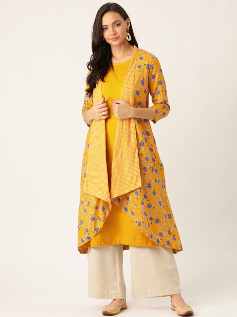

Sangria Women Mustard Yellow & Blue Printed Layered A-Line Kurta