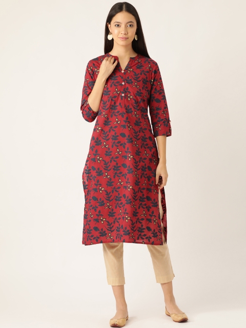 

Sangria Women Maroon & Navy Blue Floral Printed Straight Kurta