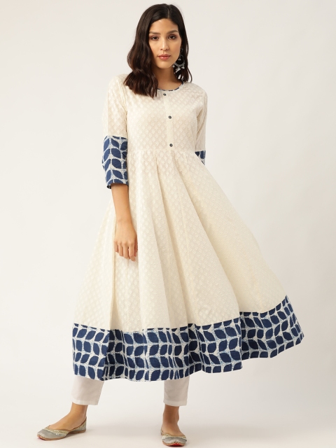 

Sangria Women Off-White & Navy Blue Dobby Self-Design Anarkali Kurta