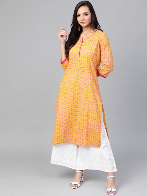 

Sangria Women Mustard Yellow & Pink Ethnic Print Straight Kurta